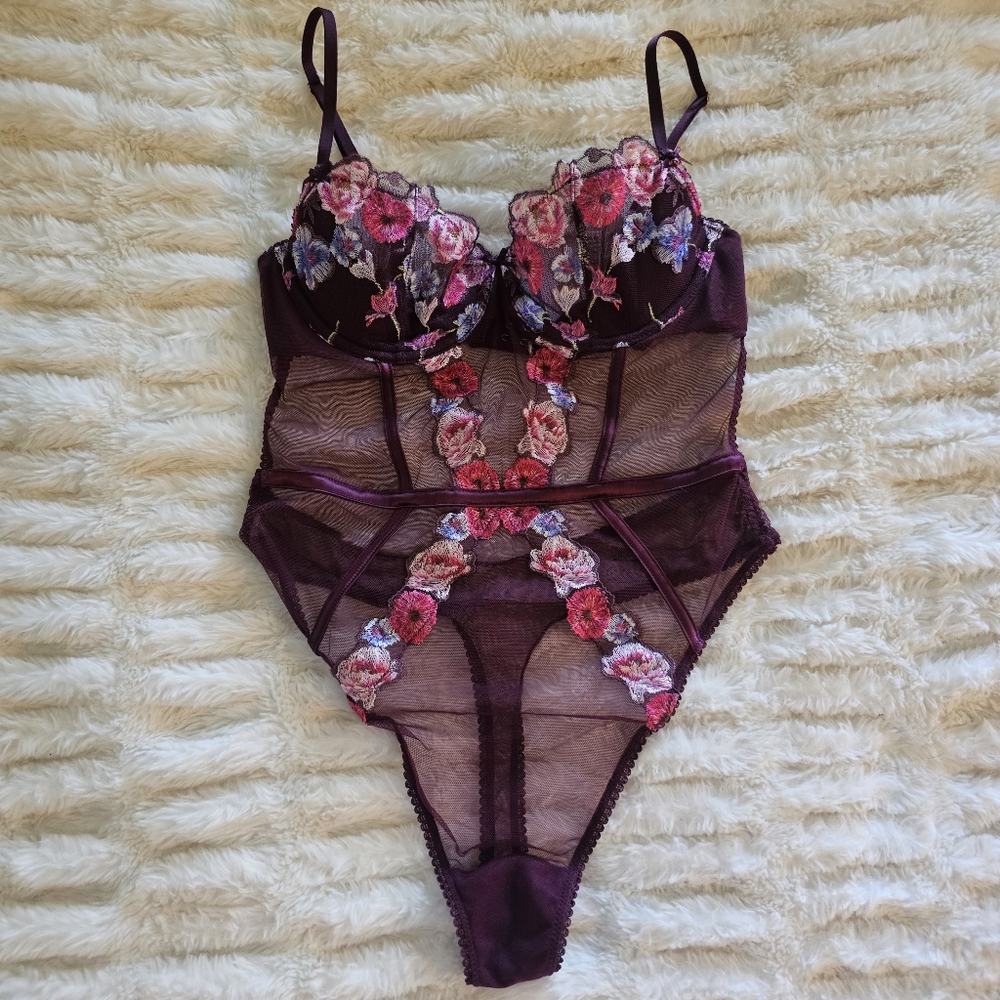 Victoria's Secret Burgandy Floral Teddy Small